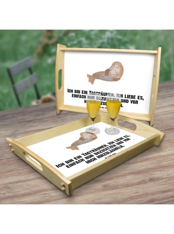 Mr. & Mrs. Panda Holztablett Robbe Lachen mit Spruch in Weiß