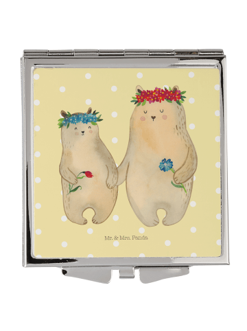 Mr. & Mrs. Panda Handtaschenspiegel quadratisch Bären mit Blumen... in Gelb Pastell