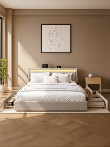 VASAGLE Bettgestell Mazey in Beige - (B)169 x (H)94.7 x (T)210.2 cm
