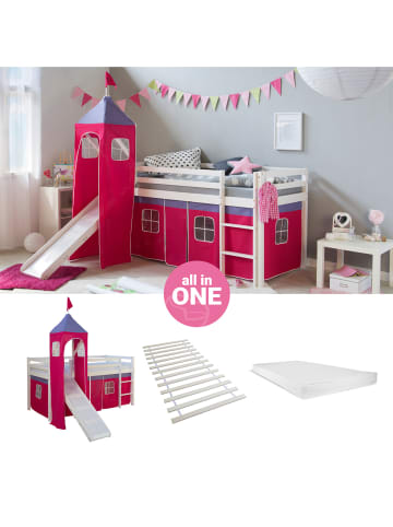 Homestyle4u Hochbett 90x200 mit Vorhang, Lattenrost, Matratze, Rutsche, Turm in Weiß
