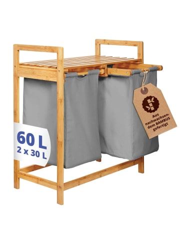 Lumaland Wäschekorb Bambus 73x64x33cm dunkelgrau 2 Wäschesäcke ausziehbar grau