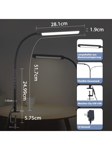 ZMH Tischleuchte LED in schwarz Flexibel Klemmleuchte 3000-6500K dimmbar 11W