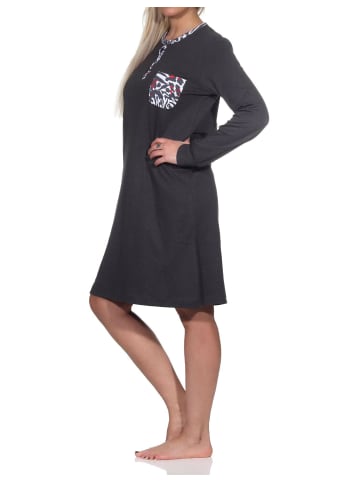 NORMANN Kuschel interlock langarm Nachthemd Bündchen Animalprint - 82170 in anthrazit