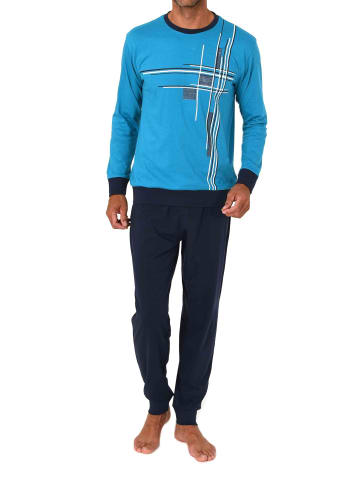 NORMANN Schlafanzug langarm mit Bündchen Frontprint in blau