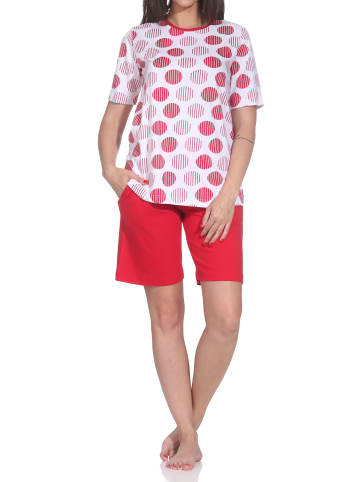 NORMANN Kurzarm Schlafanzug Shorty Pyjama Tupfen Punkte Look in rot