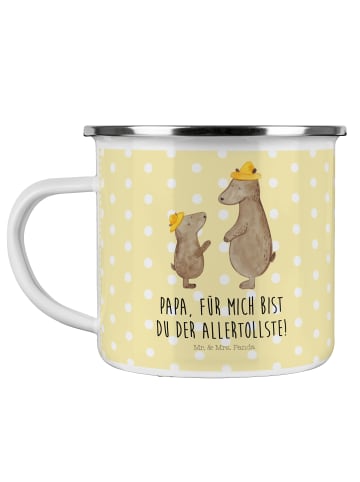 Mr. & Mrs. Panda Camping Emaille Tasse Bären mit Hut mit Spruch in Gelb Pastell