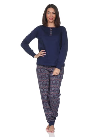 NORMANN Langarm Schlafanzug Pyjama Bündchen Ethnolook in marine