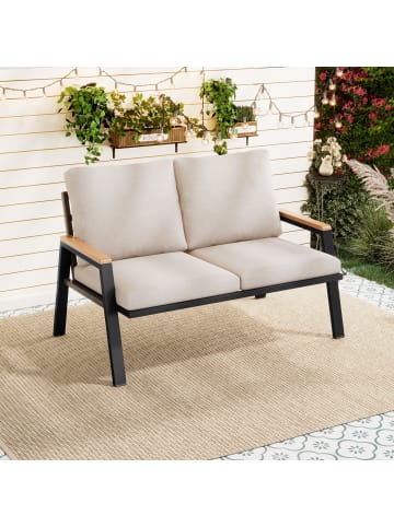 ABRIHOME Gartensofa in Grau Beige 2-Sitzer mit Stahl und Holz Kunststoff Griffen