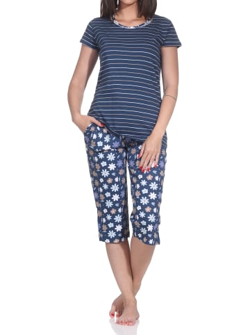 NORMANN Kurzarm Schlafanzug Capri Pyjama Streifen Übergrößen in marine