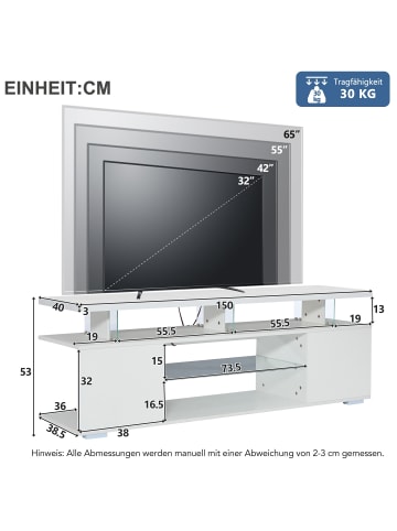 ABRIHOME Moderner TV-Schrank in Hochglanz Weiß mit LED-Beleuchtung und Glasablage