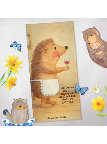 Mr. & Mrs. Panda Badehandtuch Igel Wein Design mit Spruch in Gelb Pastell