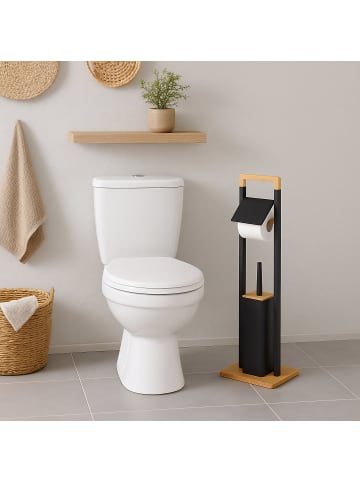 relaxdays WC Garnitur in Schwarz/ Natur - (B)28 x (H)76,5 x (T)18 cm