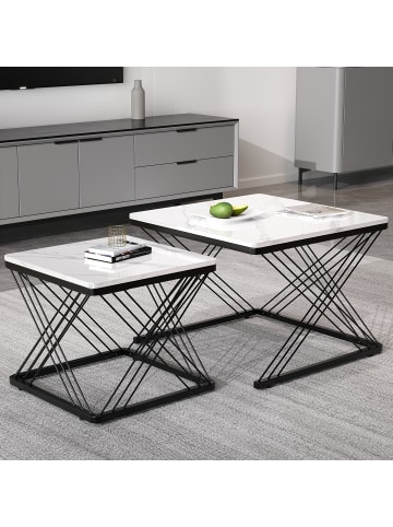 ABRIHOME Couchtisch Set in Weiß 2-tlg Marmoroptik 60x45 cm 45x40 cm höhenverstellbar