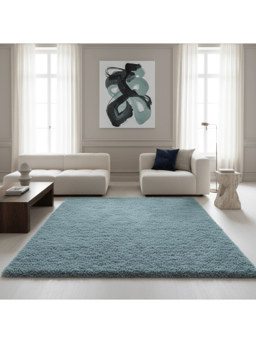 KADIMA DESIGN Teppich Hochflor Shaggy Waschbar Einfarbig SALZACH Strapazierfähig in Blau