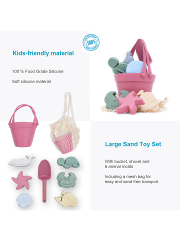 Intirilife Sandspielzeug 9-tlg. Set Silikon Kinder Strand Spielzeug in Brombeer-Rosa