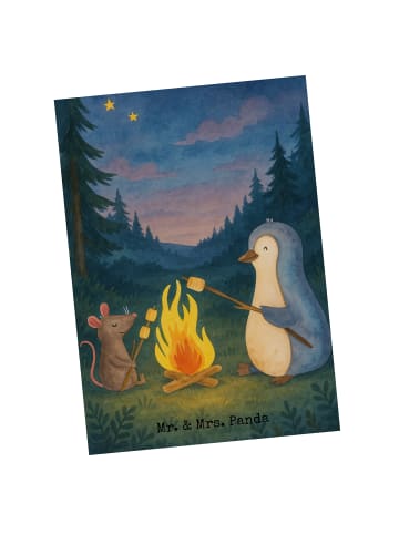 Mr. & Mrs. Panda Postkarte Pinguin Lagerfeuer Design ohne Spruch in Weiß