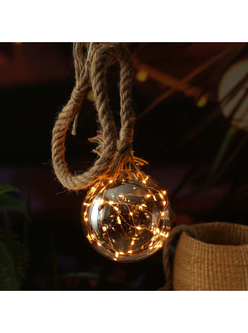 MARELIDA LED Glaskugel mit Juteseil beleuchtet mit Timer D: 14cm in grau