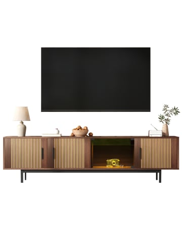 ABRIHOME TV-Schrank in Braun mit LED Lichtleiste und Glastür geschnitzte Textur