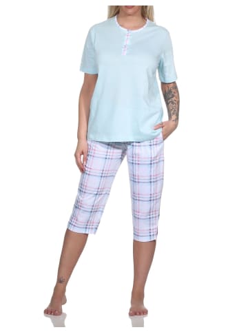 NORMANN Schlafanzug kurzarm karierter Capri Hose Jersey - 78807 in hellblau