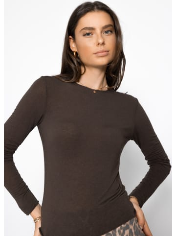 SASSYCLASSY Gestreiftes, leicht transparentes Langarmshirt mit Kaschmiranteil in Dunkelbraun