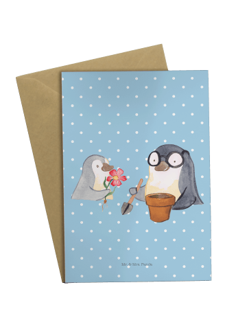 Mr. & Mrs. Panda Grußkarte Pinguin Opa Blumen pflanzen ohne Spruch in Blau Pastell