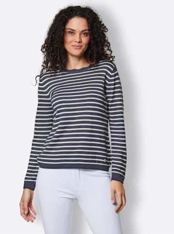creation L Viskose-Merino-Pullover in rauchblau-ecru-geringelt