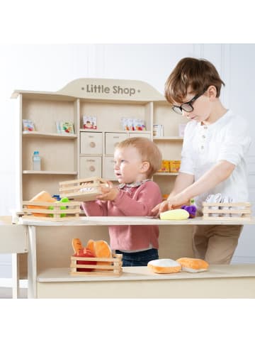 roba Großer Kaufladen aus Holz natur mit Zubehör, 6 Schubladen, Theke & Seitentheke