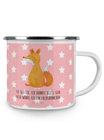 Mr. & Mrs. Panda Camping Emaille Tasse Einhorn Fuchs mit Spruch in Rot Pastell