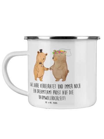 Mr. & Mrs. Panda Camping Emaille Tasse 2. Hochzeitstag Baumwollh... in Weiß