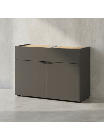 KADIMA DESIGN Stoßfester Unterschrank mit Siphonaussparung, 80x34x60 cm, Easy-Clean in Grau-Beige
