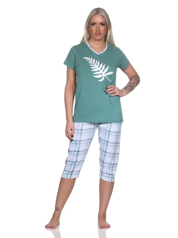 NORMANN Eleganter Damen Capri Pyjama mit karierter ¾ Hose und Frontprint in blau