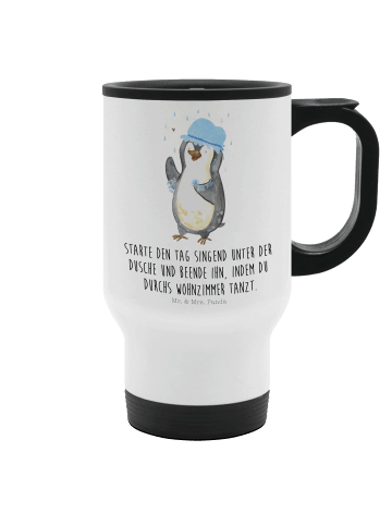 Mr. & Mrs. Panda To-Go-Becher Pinguin Duschen mit Spruch in Weiß