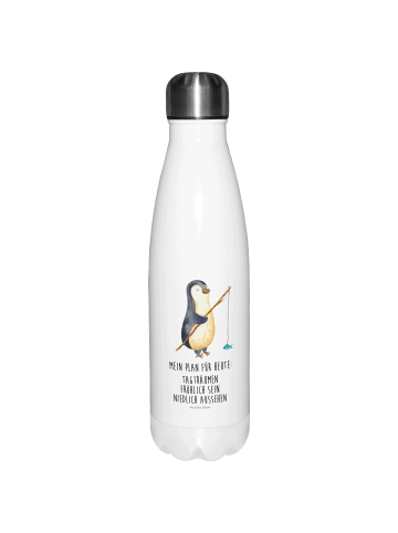 Mr. & Mrs. Panda Edelstahl Trinkflasche Pinguin Angler mit Spruch in Weiß