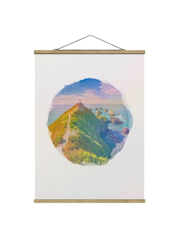 WALLART Stoffbild - Wasserfarben - Nugget Point Leuchtturm und Meer in Creme-Beige