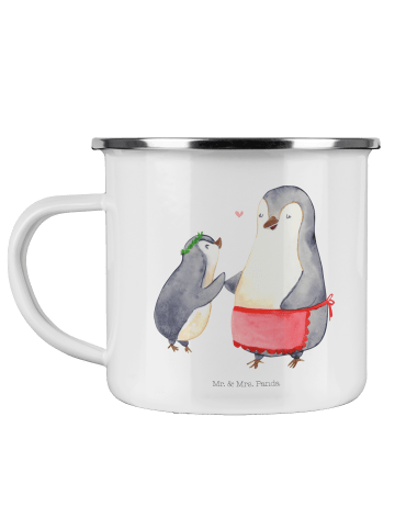 Mr. & Mrs. Panda Camping Emaille Tasse Pinguin mit Kind ohne Spruch in Weiß
