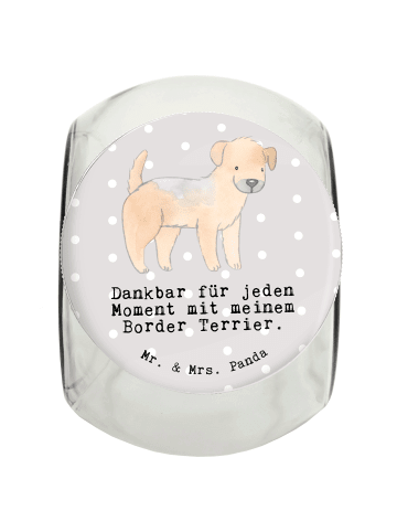 Mr. & Mrs. Panda Leckerli Glas Border Terrier Moment mit Spruch in Grau Pastell