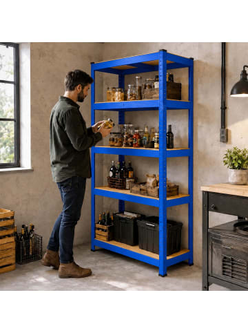 relaxdays Schwerlastregal in Blau/ Braun - (B)75 x (H)180 x (T)30 cm