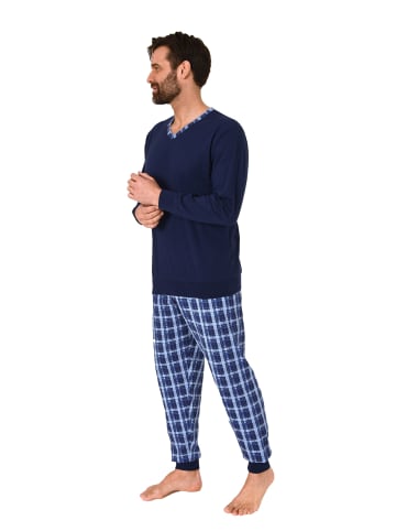 NORMANN Langarm Schlafanzug Bündchen und karierter Jersey Pyjamahose - 86151 in navy