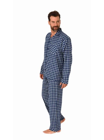 NORMANN Flanell Pyjama langarm Schlafanzug zum durchknöpfen - 70800 in navy