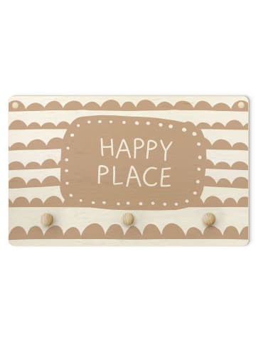 WALLART Kindergarderobe Holz - Spruch Happy Place im Wolkenband Natur in Creme-Beige