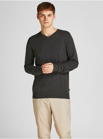 Jack & Jones Dünner Langarm Strickpullover V-Neck Basic Sweater JJEEMIL in Dunkelgrau