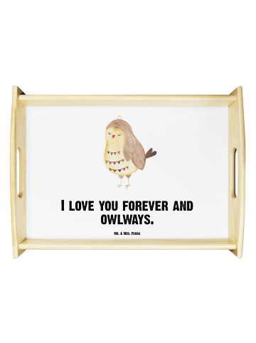 Mr. & Mrs. Panda Bett-Tablett Eule Zufrieden mit Spruch in Weiß
