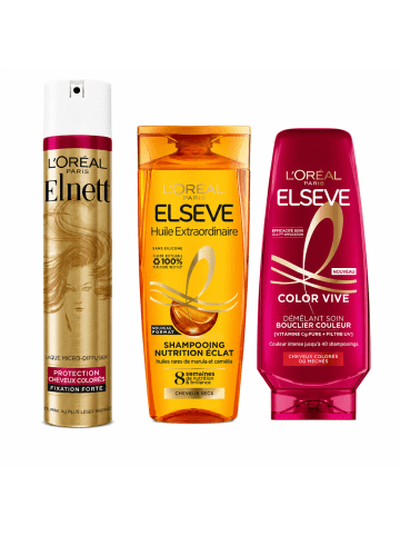 L'Oréal Paris Haarpflege-Routine für coloriertes Haar & Glanz – Elnett Haarspray + Color Vive