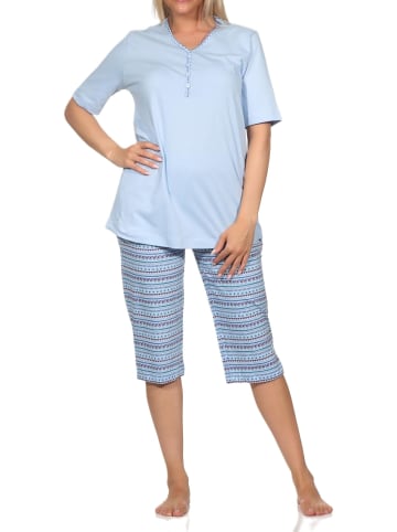 NORMANN Kurzarm Capri Schlafanzug Pyjama Ethnolook in blau
