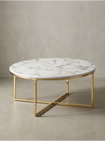 KADIMA DESIGN Runder Couchtisch in Marmor-Optik, 80 cm Durchmesser, Hochglanz in Weiß