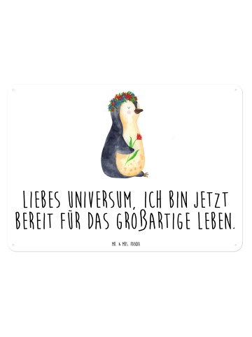 Mr. & Mrs. Panda Blechschild Pinguin Blumen mit Spruch in Weiß