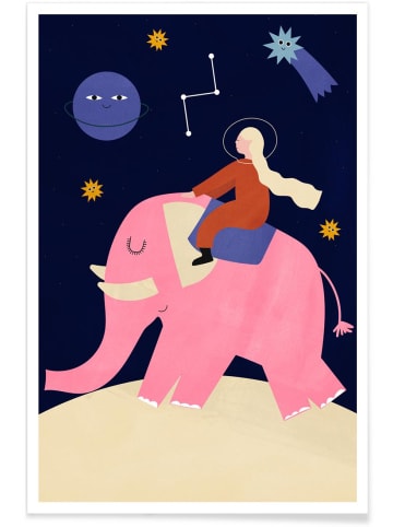 Juniqe Poster "Elephant Ride" in Blau & Rosa