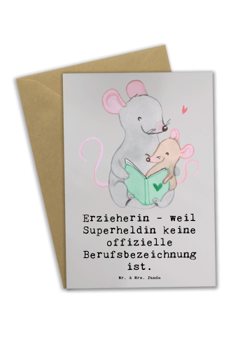 Mr. & Mrs. Panda Grußkarte Erzieherin Superheldin mit Spruch in Grau Pastell