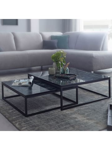 KADIMA DESIGN MARMIX Couchtische 2er Set: Quadratisch, Marmoroptik, Metallgestell in Schwarz