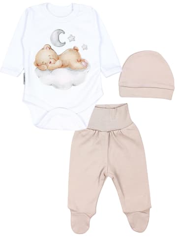 TupTam Baby Bekleidungsset Langarmbody Hose Mütze3 teilig in weiß/beige